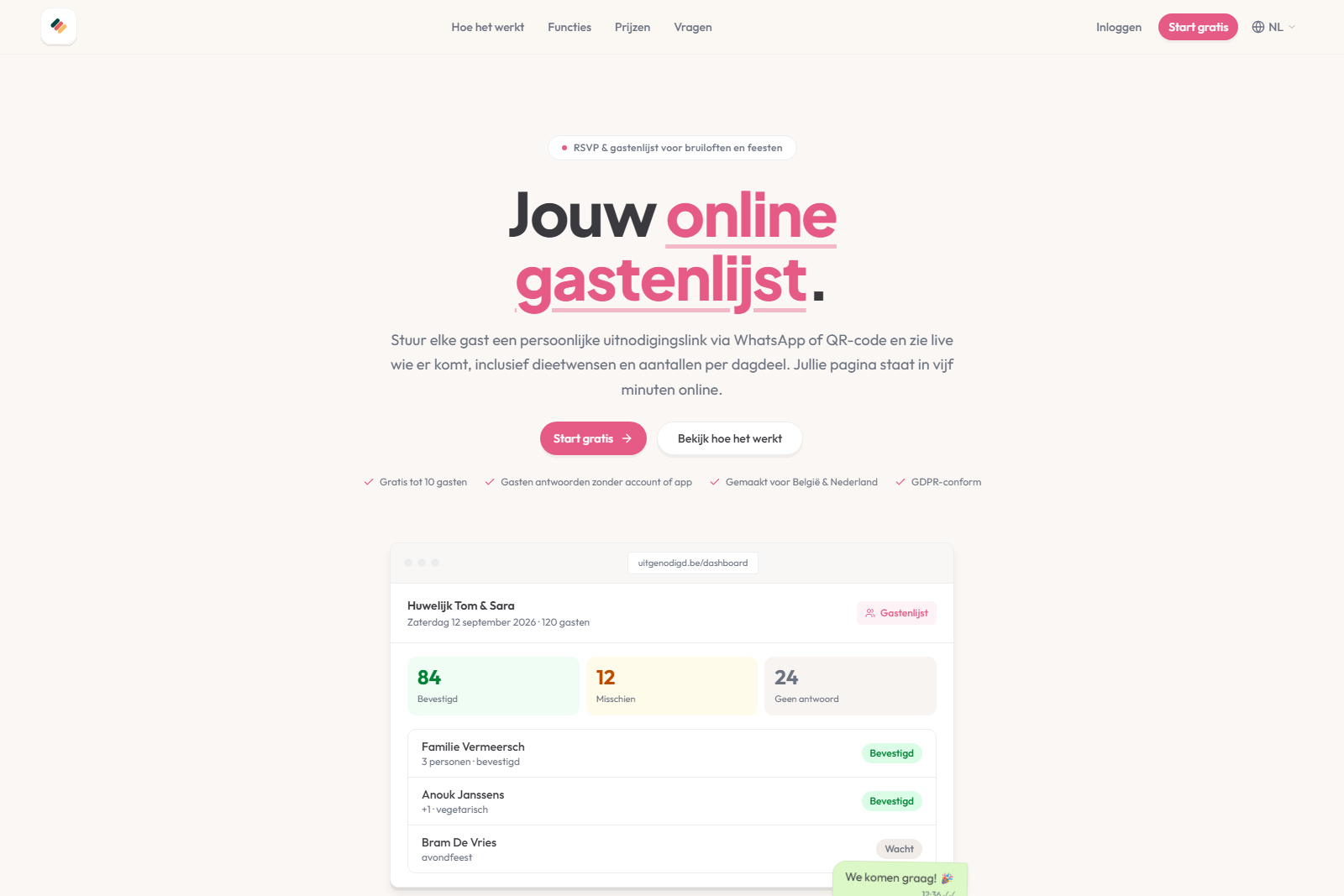 Screenshot van Uitgenodigd.be, de RSVP- en gastenlijsttool voor bruiloften en feesten
