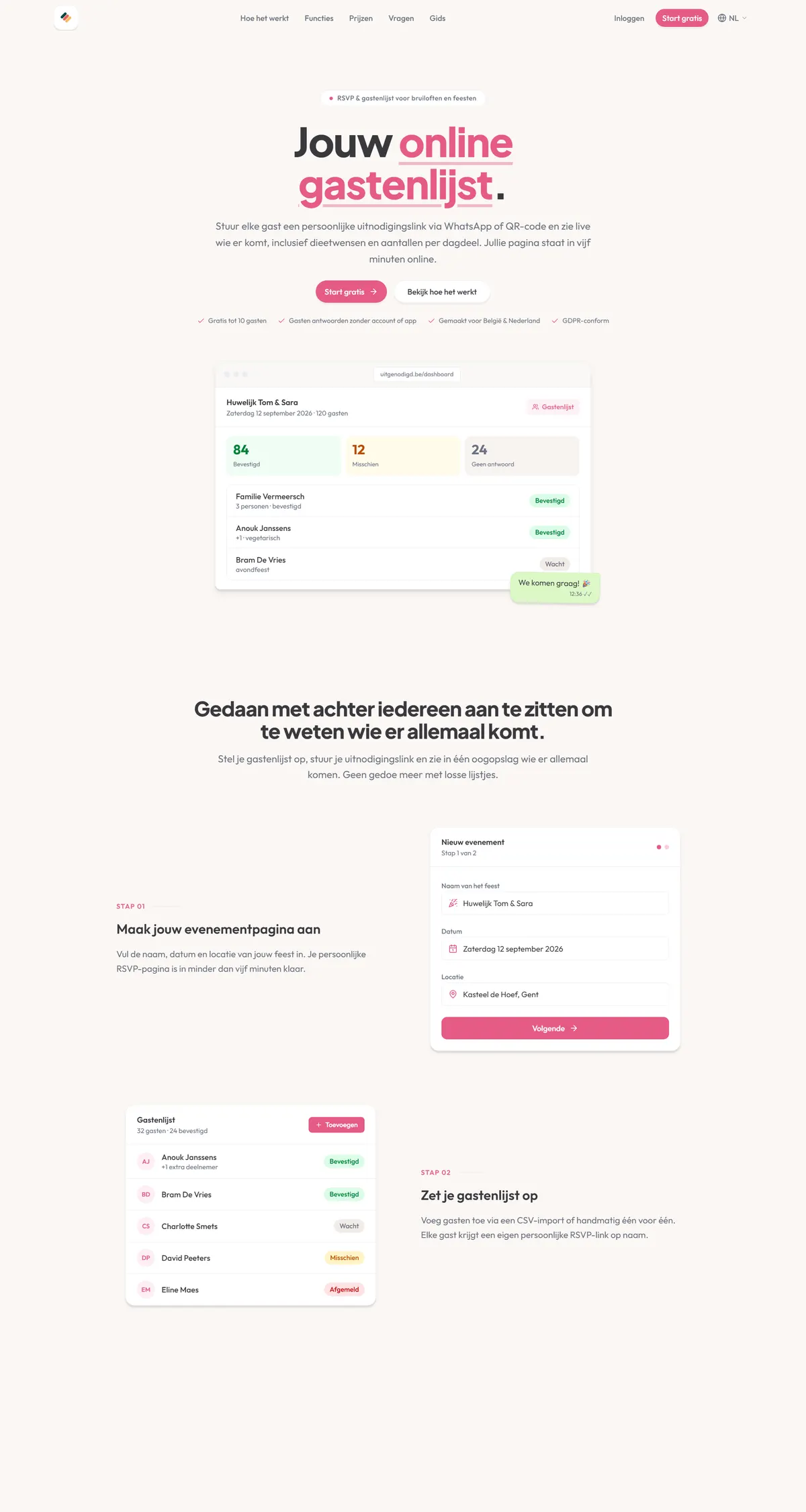 Screenshot van Uitgenodigd.be, de RSVP- en gastenlijsttool voor bruiloften en feesten
